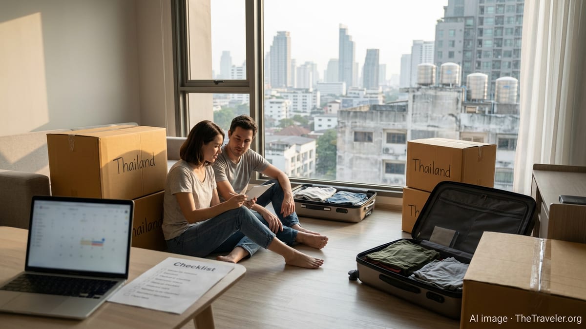 Couple packing boxes in a modern apartment while planning a move to Thailand.