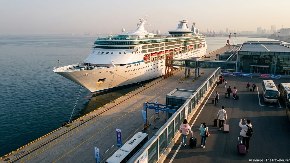 Royal Caribbean cruise ship docked at Tianjin port with passengers walking along the pier.