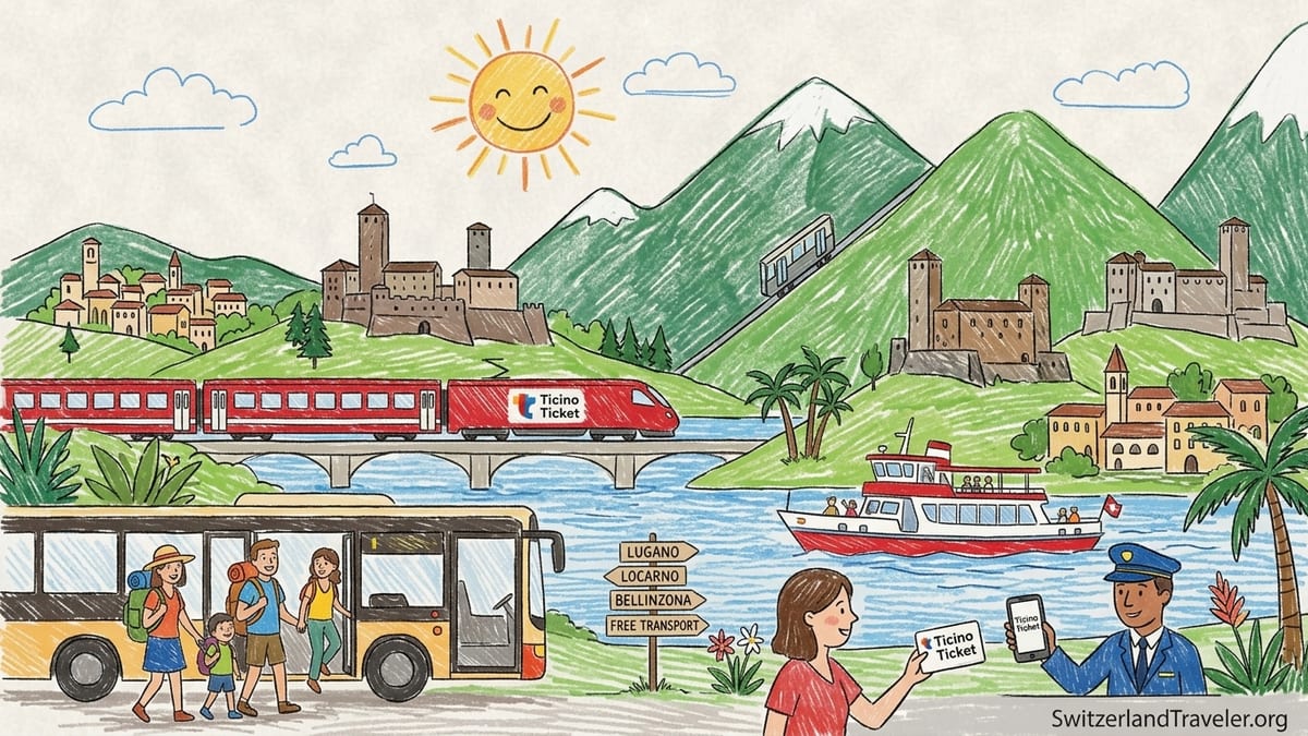 Lakeside hotels and public bus along the promenade in Lugano, Ticino at sunset.