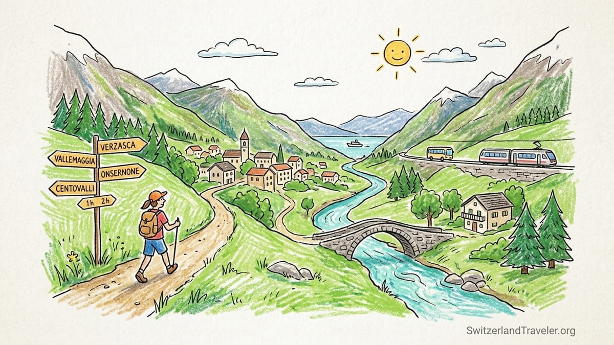 Hiker on a stone path above a Ticino valley with Lake Maggiore in the distance.