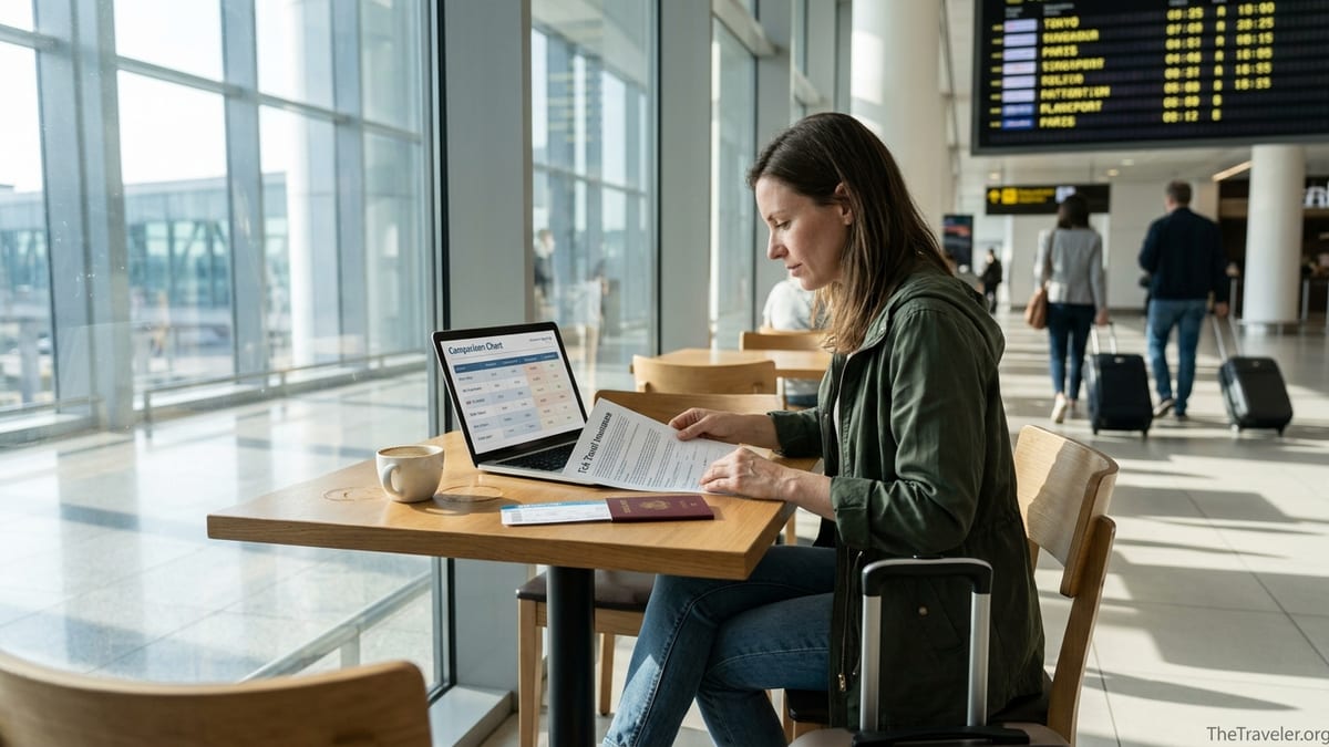 Traveler reviews Tick Travel Insurance documents at an airport café table.