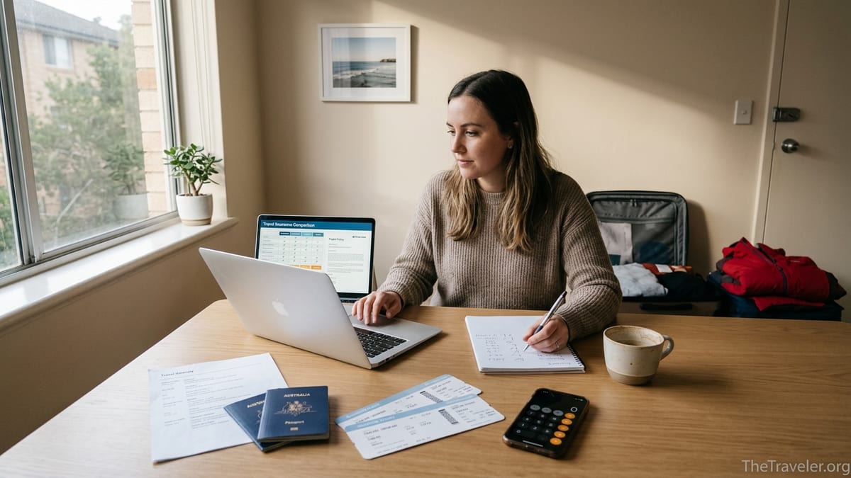 Australian traveler comparing Tick Travel Insurance on a laptop with trip documents at a kitchen table.