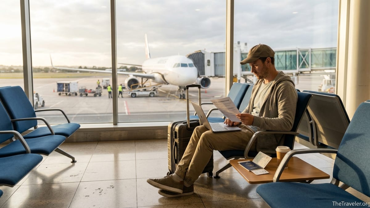 Traveller in an airport lounge reviewing travel insurance documents before a flight.