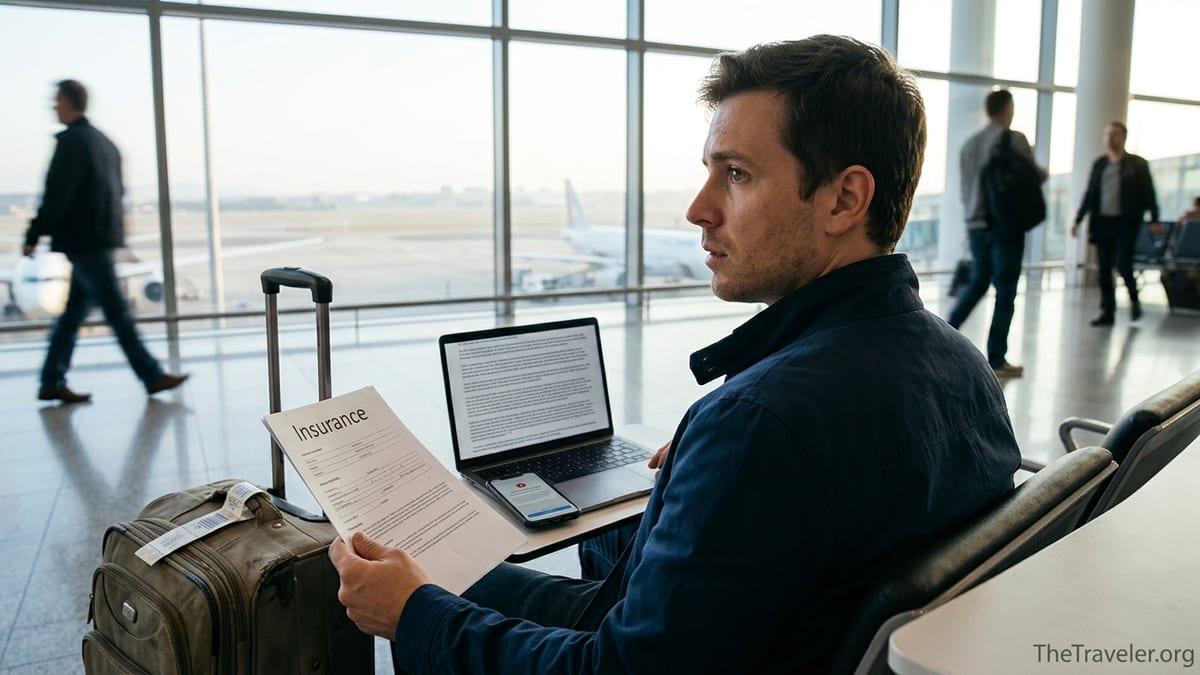Traveller in airport lounge reviewing printed travel insurance documents beside luggage and laptop, looking concerned.