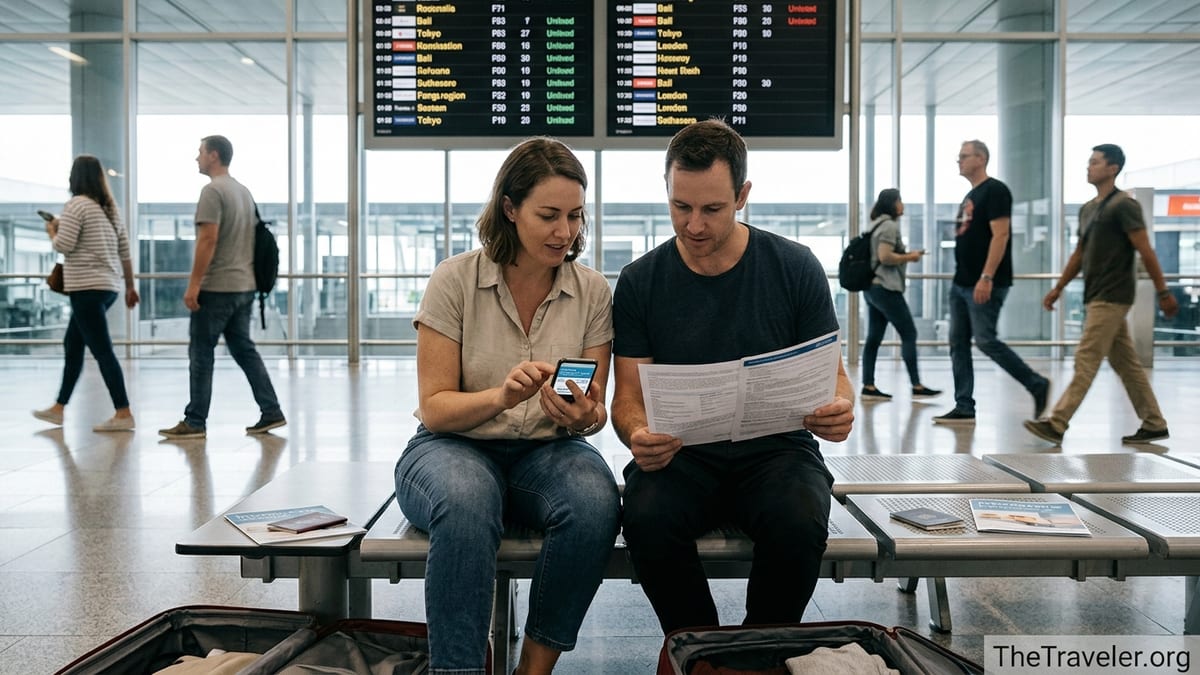 Australian couple in an airport comparing travel insurance documents before departure