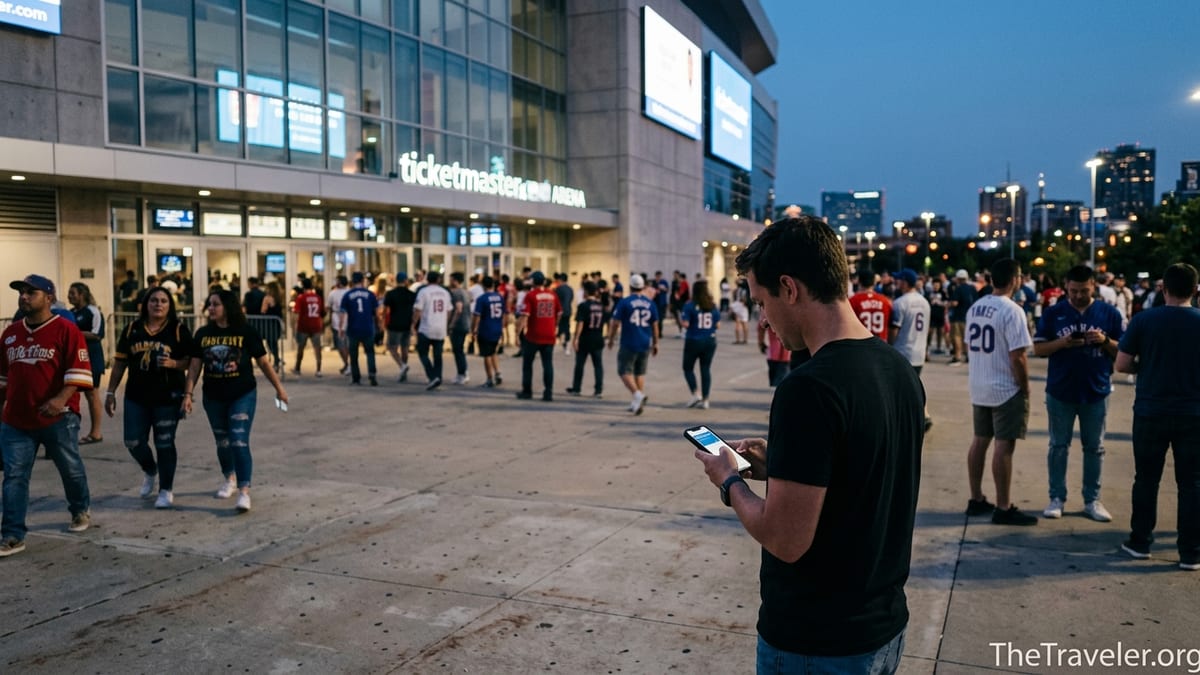 Traveler holding a digital ticket on their phone outside a busy arena at dusk