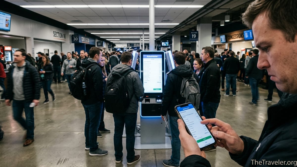 Traveler in an arena concourse looking at unexpectedly high ticket fees on a phone.
