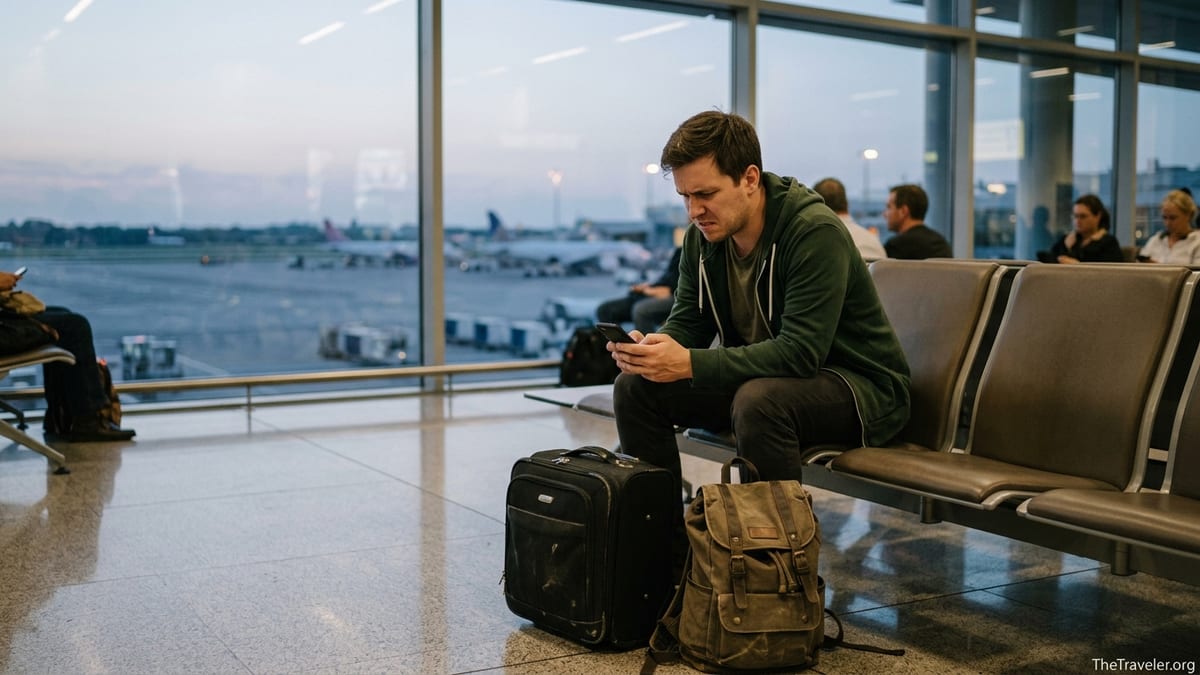 Traveler at an airport looking worriedly at rising ticket fees on a phone screen.