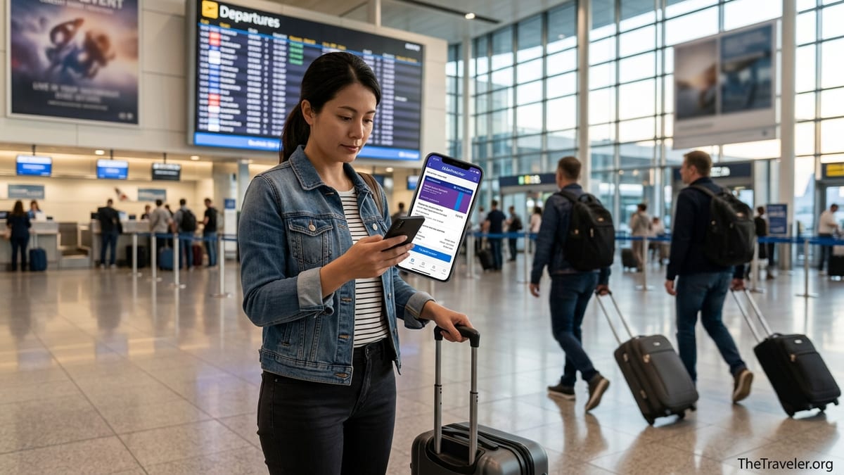 Traveler in an airport checking Ticketmaster tickets on a phone before a trip.