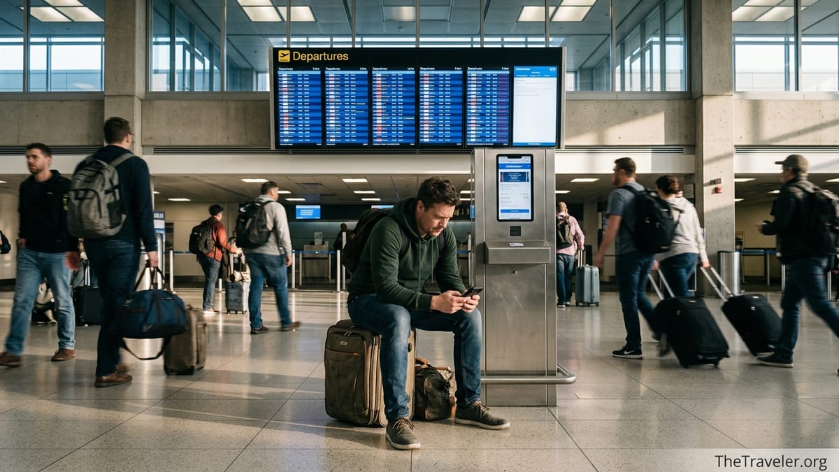 Traveler at an airport checking Ticketmaster tickets on a phone with luggage nearby.