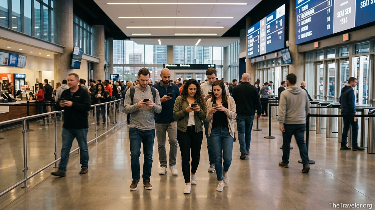 Travelers checking mobile tickets in a busy arena concourse before a game or concert.