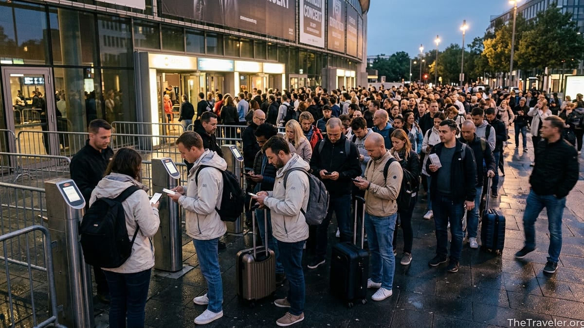 Travelers outside a large arena abroad scanning Ticketmaster mobile tickets at evening entry lines.