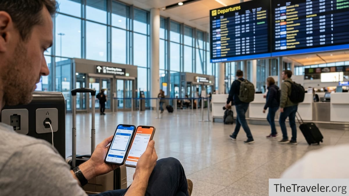 Traveler at an airport comparing two ticketing apps on a phone before a trip event.