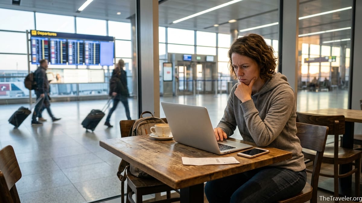 Traveler in an airport cafe reacting to unexpected ticket fees on a laptop screen.