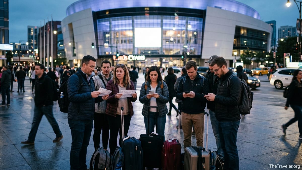 Travelers outside an arena checking concert tickets on their phones at dusk.