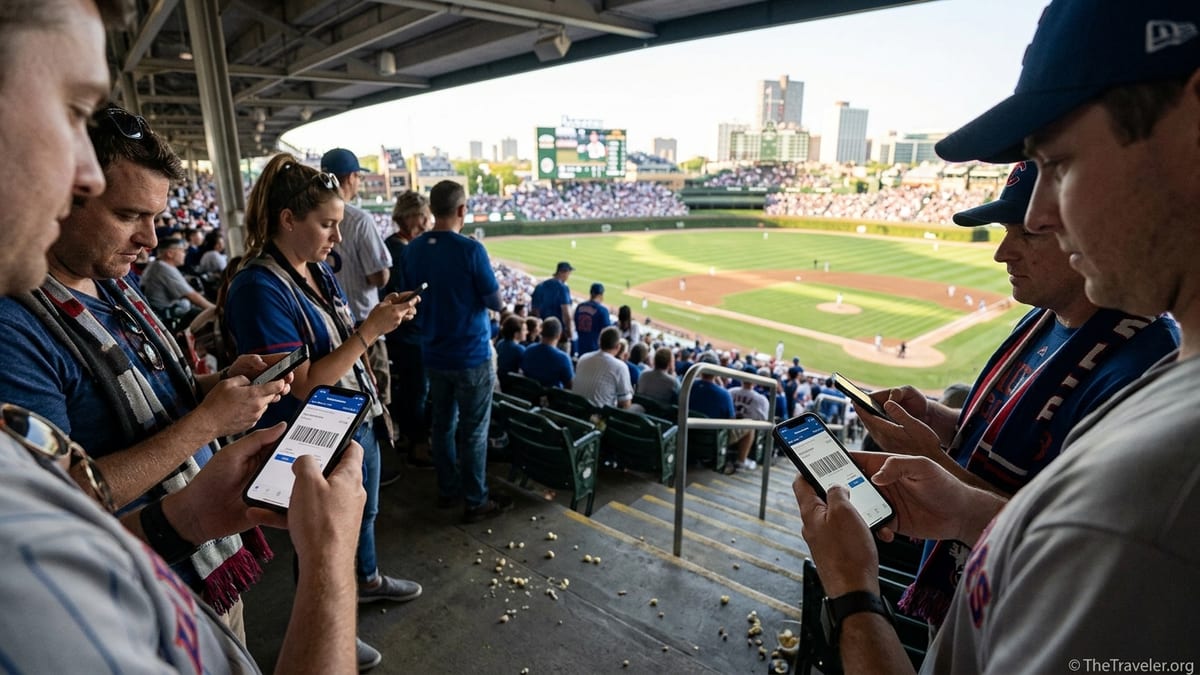 Travelers checking mobile tickets on their phones inside a busy sports stadium concourse.