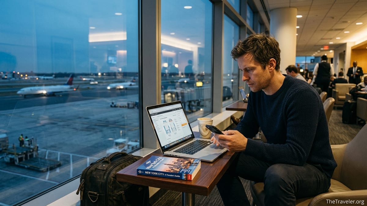 Traveler in an airport lounge checking event tickets on a laptop before a trip.