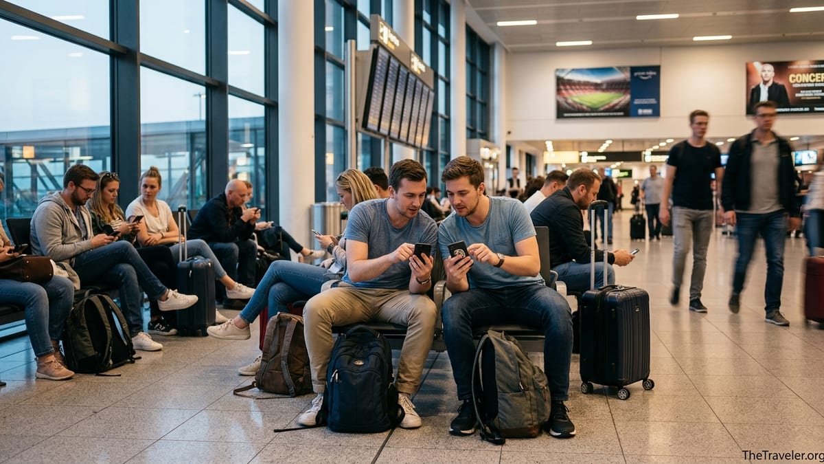 Travelers in an airport comparing event tickets on their phones before a trip.