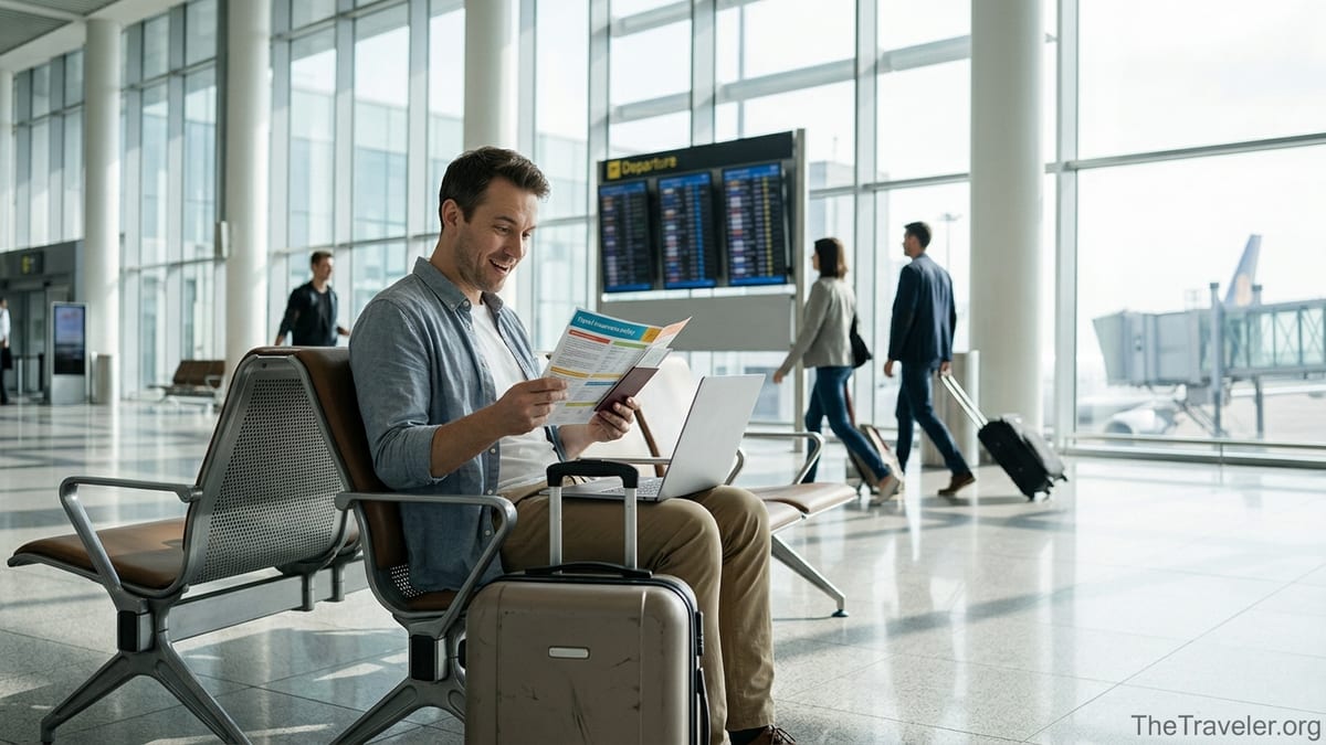 Traveler in an airport studying a travel insurance policy on a laptop beside a suitcase.
