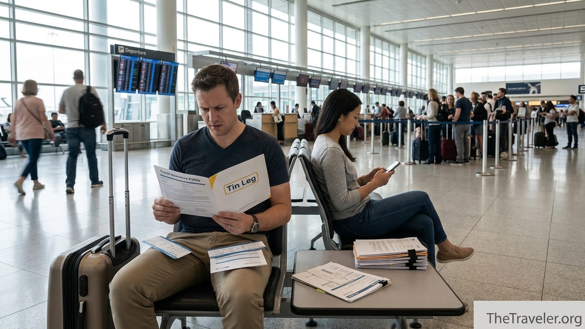 Traveler reviews Tin Leg policy at airport while another calmly checks organized coverage documents.