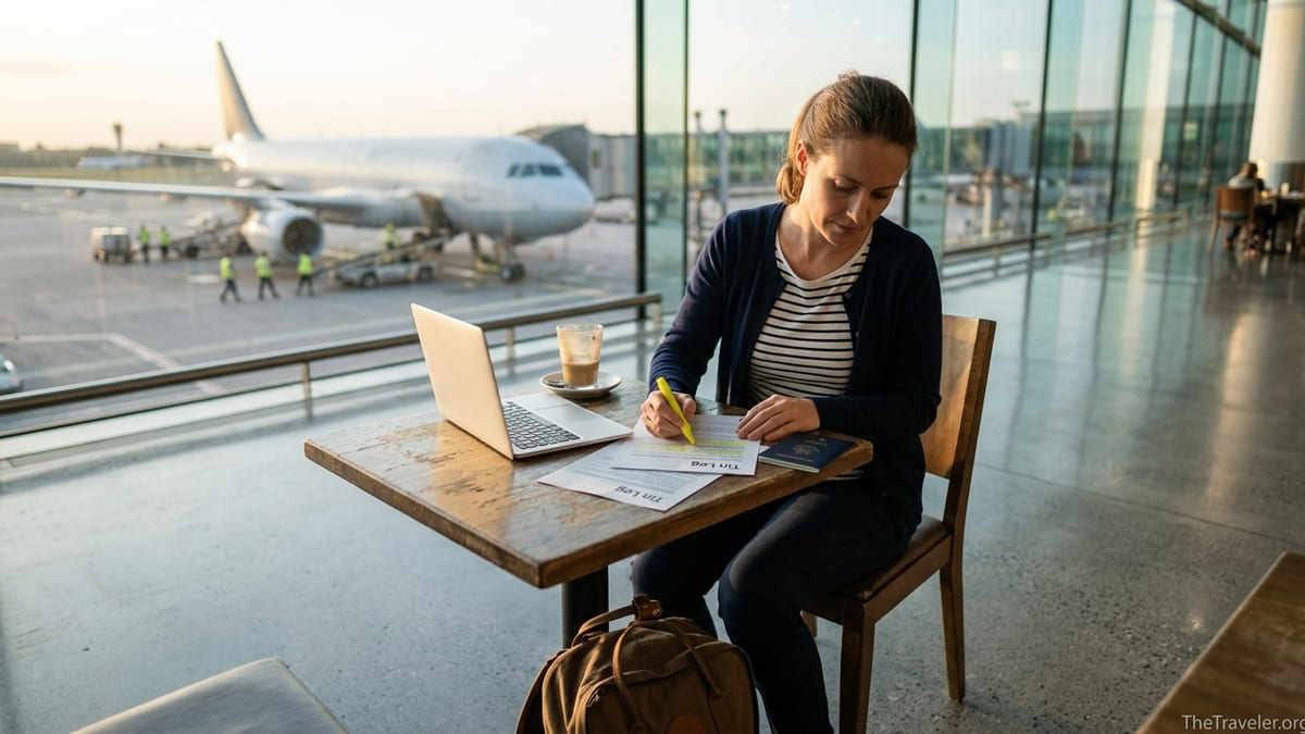 Traveler reviewing printed travel insurance documents in an airport lounge with a plane outside the window.