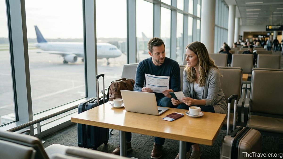 Travelers reviewing trip insurance documents in a bright airport lounge before an international flight.