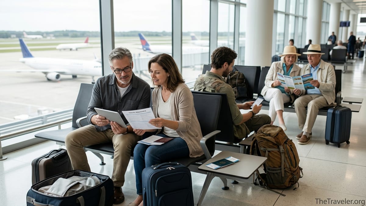 Travelers in an airport lounge reviewing travel insurance documents before an international trip.