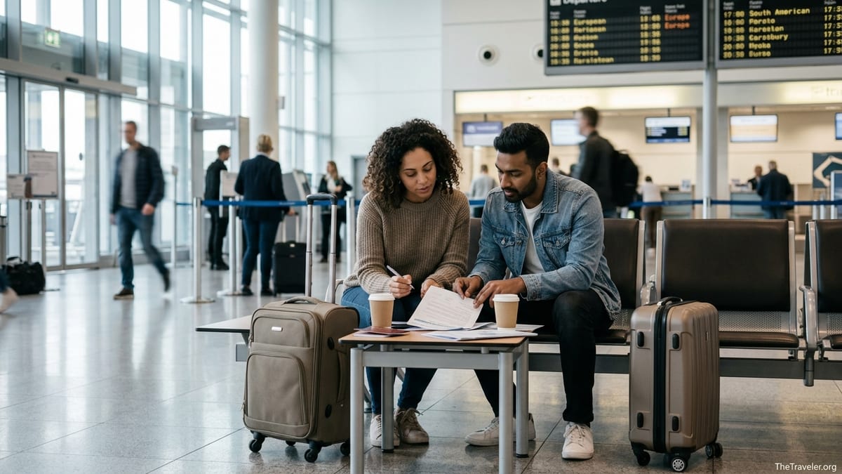 Travelers reviewing insurance documents at an airport before an international flight