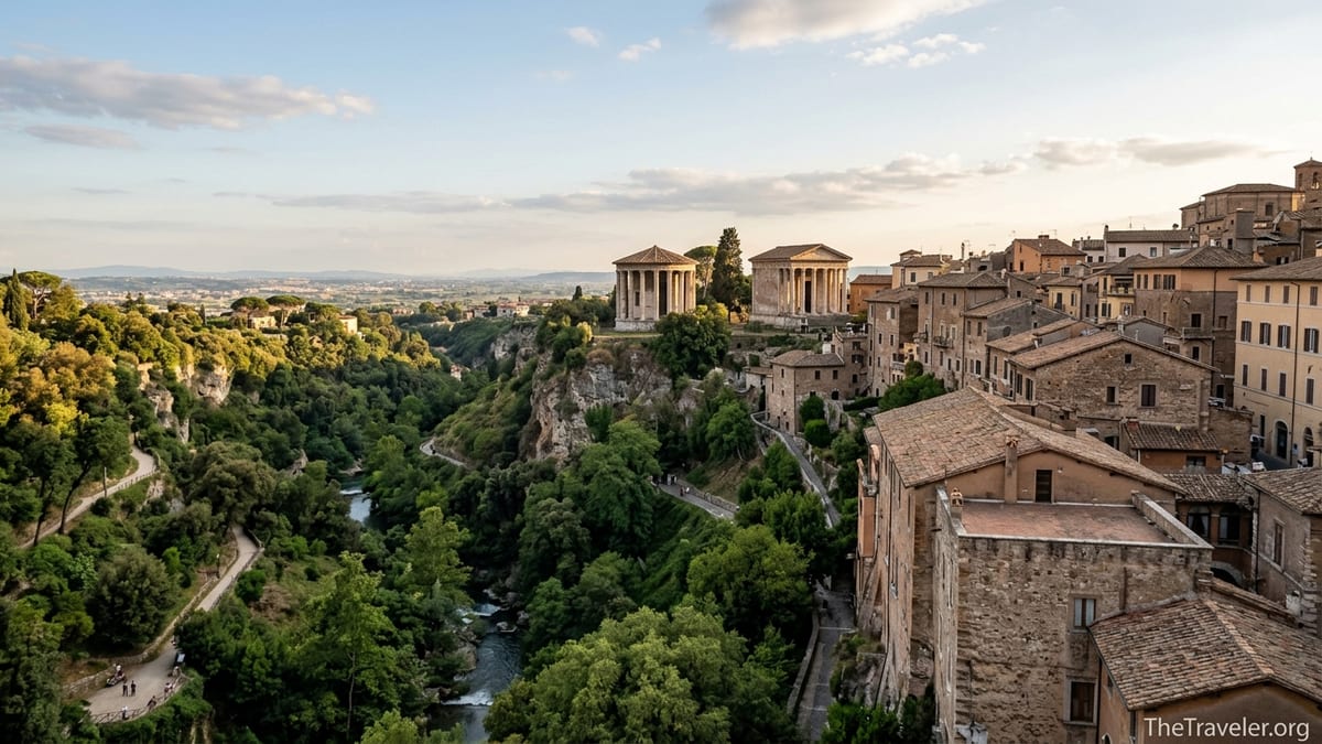 View over Tivoli’s temples and gorge above Parco Villa Gregoriana at sunset.