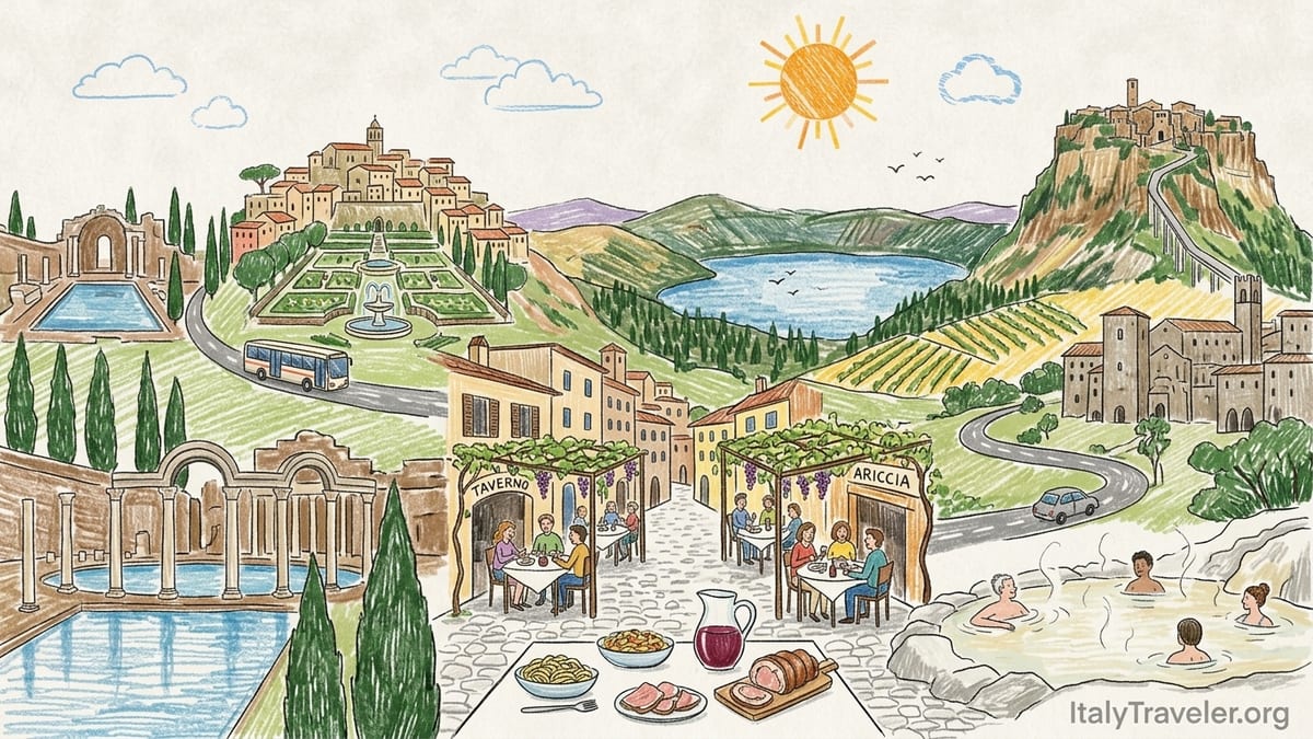 Panoramic view combining Tivoli gardens, Castelli Romani vineyards and Tuscia thermal pool at sunset.