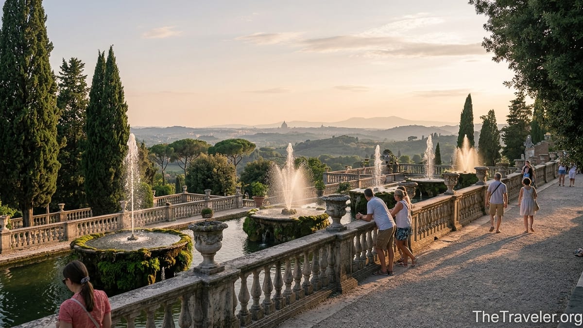 View over Villa d’Este gardens in Tivoli at sunset with fountains, cypress trees and hills beyond.
