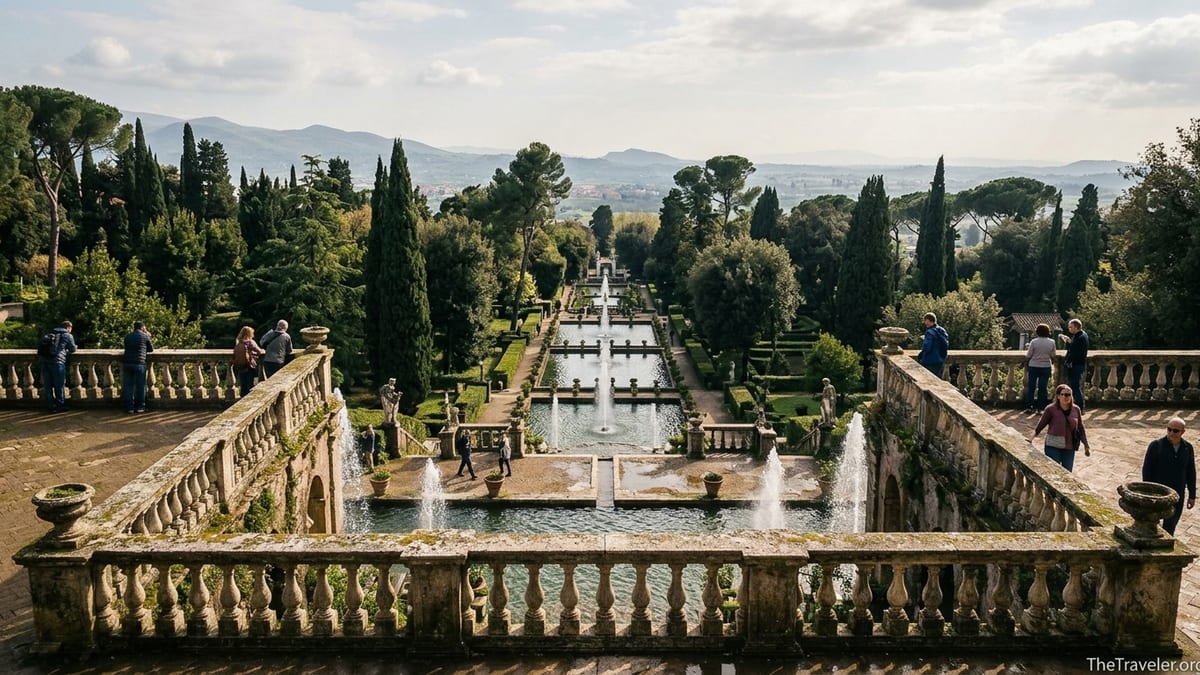 View over Villa d’Este’s terraced fountains and gardens in Tivoli with hills beyond.