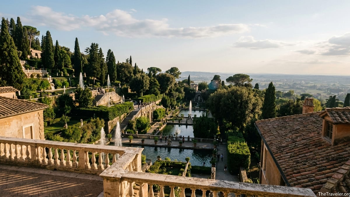 View over Villa d’Este’s cascading fountains and gardens in Tivoli at golden hour