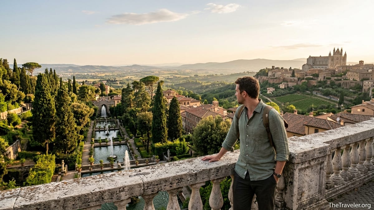 View over Villa d’Este gardens in Tivoli with Orvieto’s clifftop town faint in distance at golden hour.