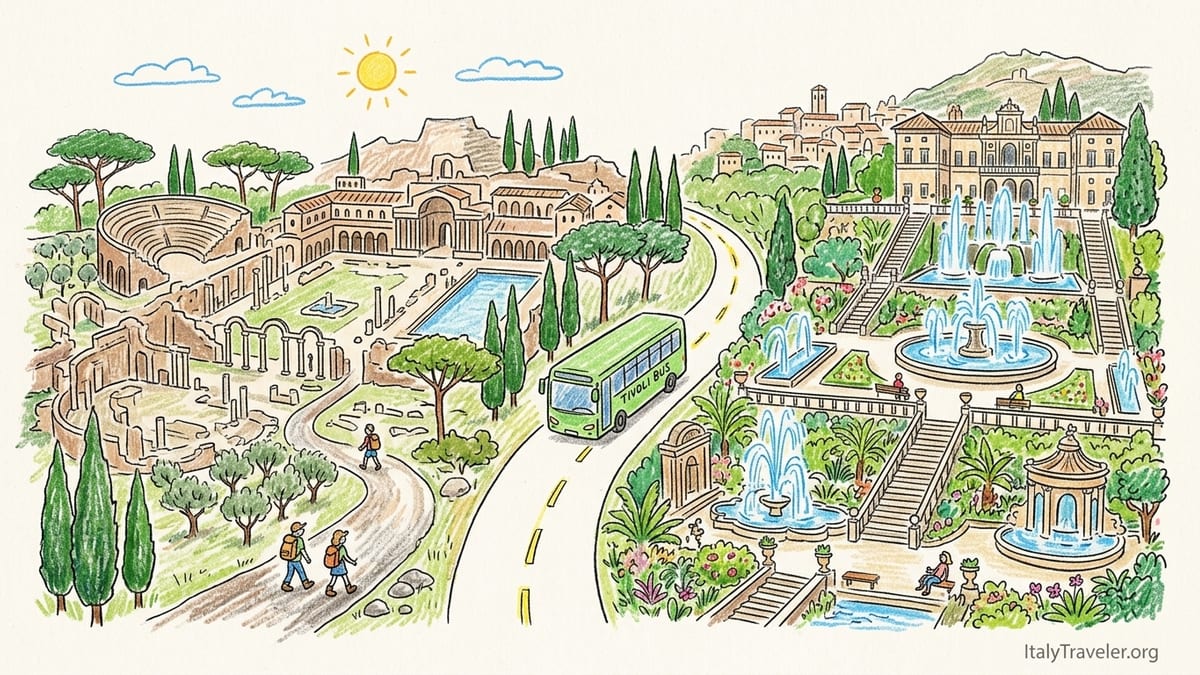 View over Villa d’Este fountains and gardens in Tivoli with hills beyond.