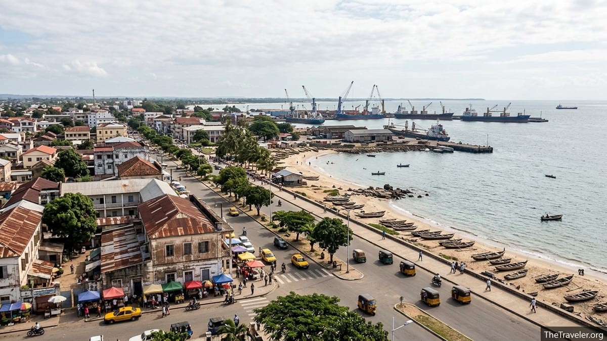 A wide coastal view of Toamasina’s waterfront showing colonial buildings, beach and port on Madagascar’s east coast.