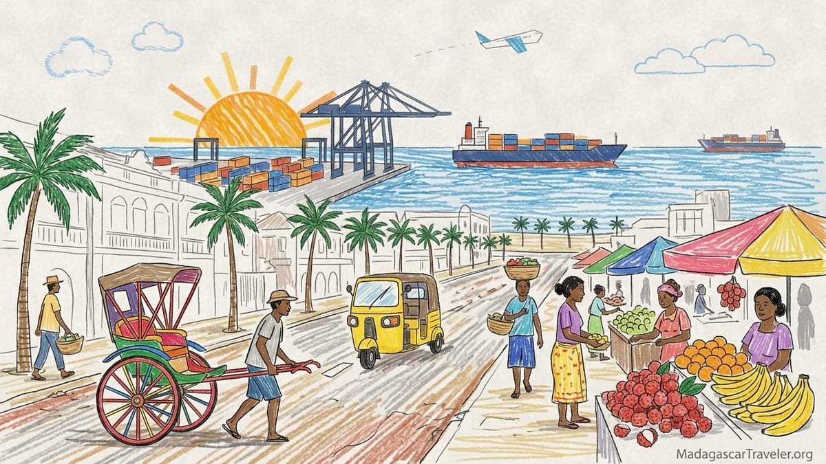 Boulevard Joffre in Toamasina lined with palms, colonial buildings and pousse-pousse carts on a humid afternoon.