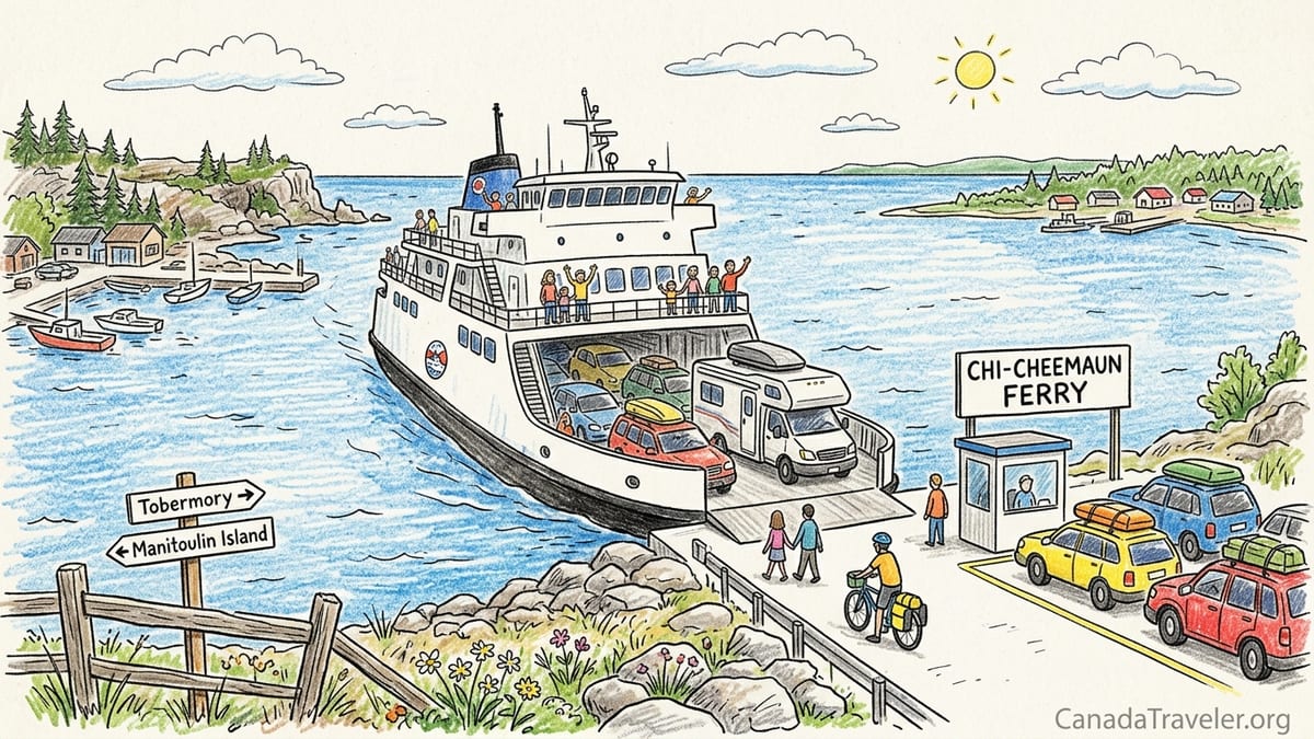 Passengers on the MS Chi-Cheemaun crossing Lake Huron between Tobermory and Manitoulin Island.