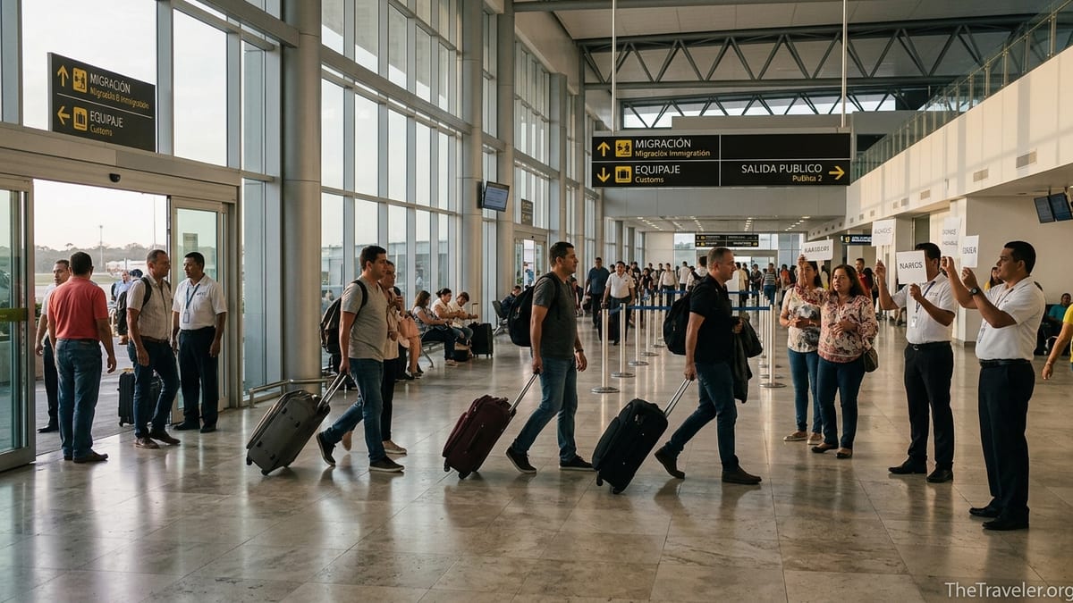 Travelers exiting customs into the busy arrivals hall at Tocumen International Airport in Panama City.