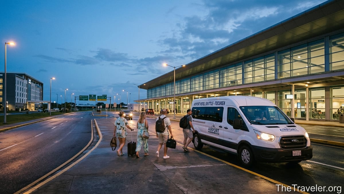 Shuttle van picking up passengers outside Tocumen International Airport at dusk near nearby airport hotels.