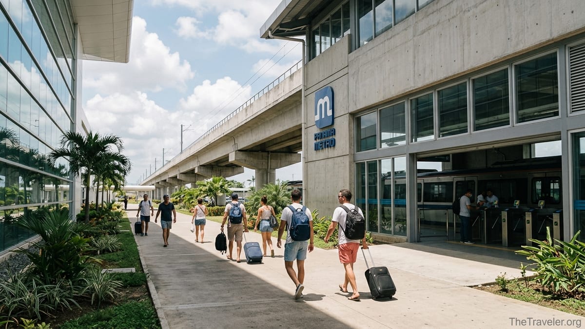 Travelers with luggage walking from Tocumen Airport toward the elevated Aeropuerto Line 2 metro station in Panama City.