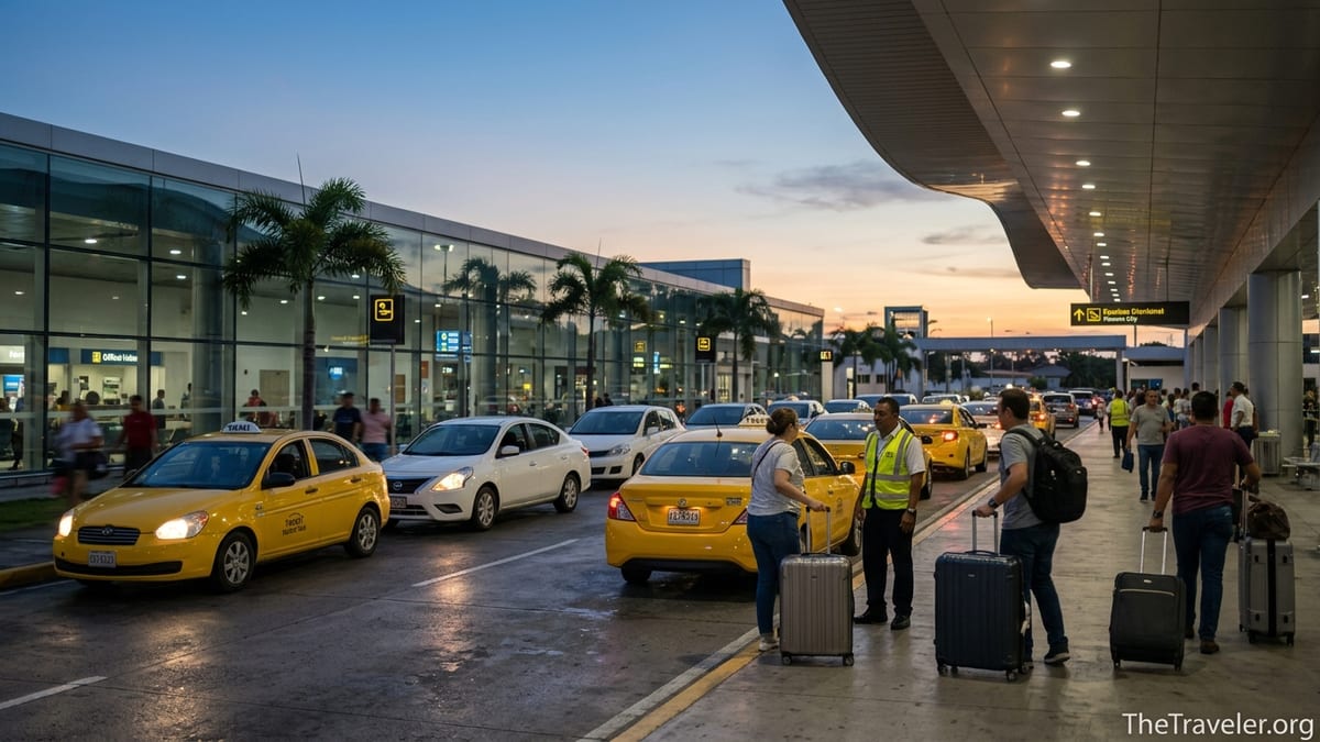 Evening taxi line outside Tocumen International Airport with travelers and luggage.