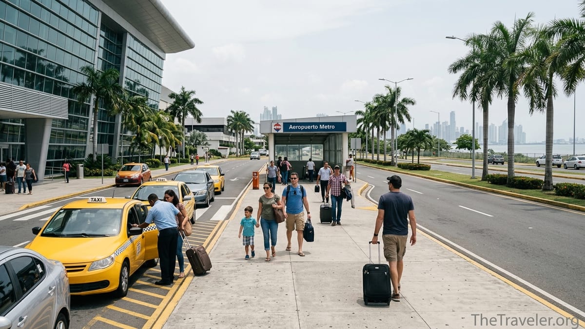 Travelers leaving Tocumen Airport toward taxis and the Aeropuerto Metro station in Panama City.