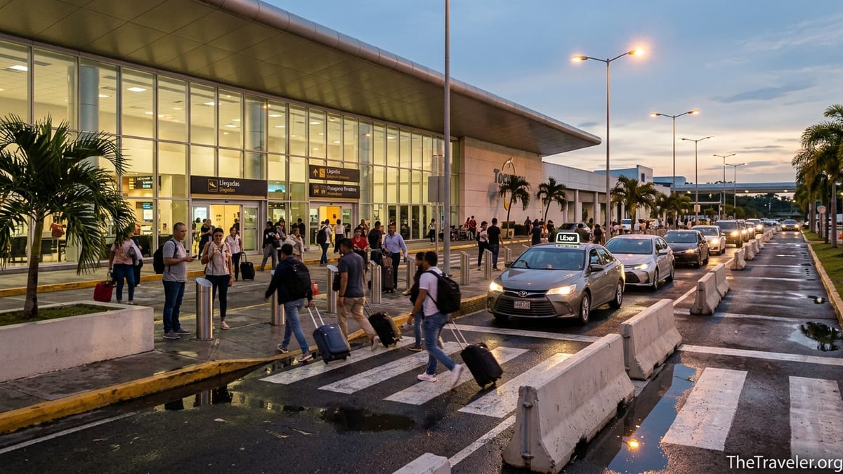 Travelers walk from Tocumen Airport terminal to an outdoor Uber pickup area at dusk.