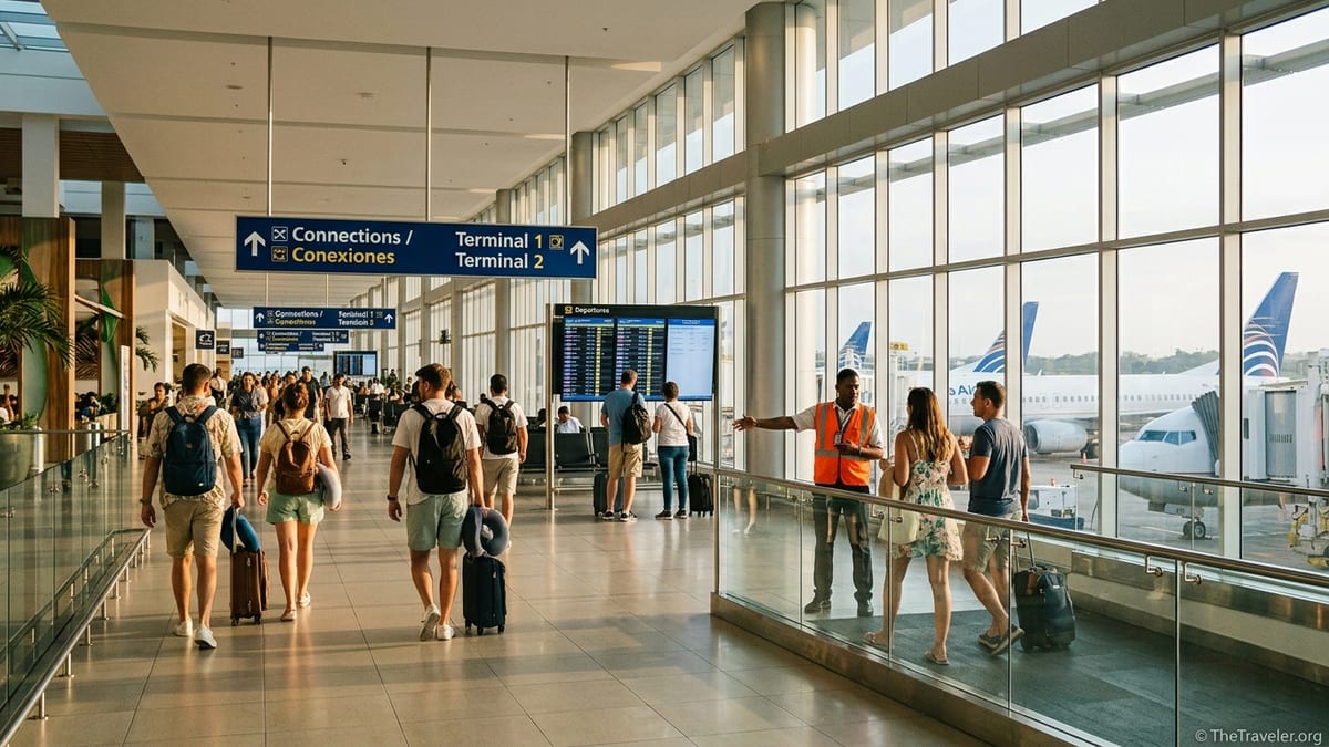 Travelers walking through Tocumen Airport’s Copa connections area between terminals with Copa jets at the gates.
