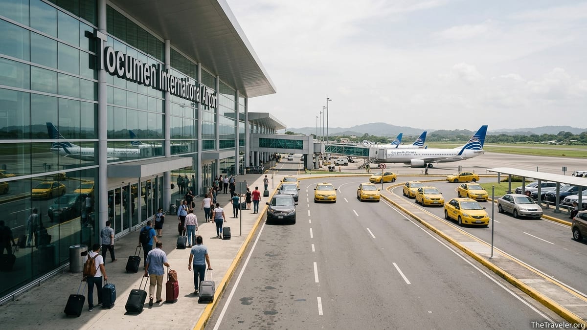 Passengers outside Tocumen International Airport terminal with taxis and Copa jets visible