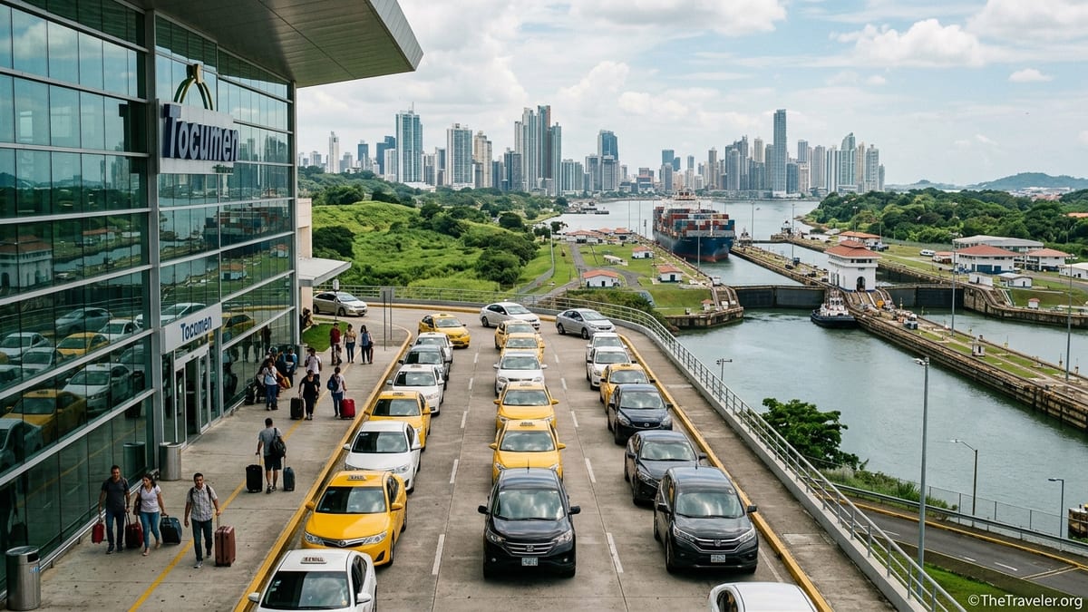 View of Tocumen Airport taxis with Panama Canal Miraflores Locks and Panama City skyline in the distance.