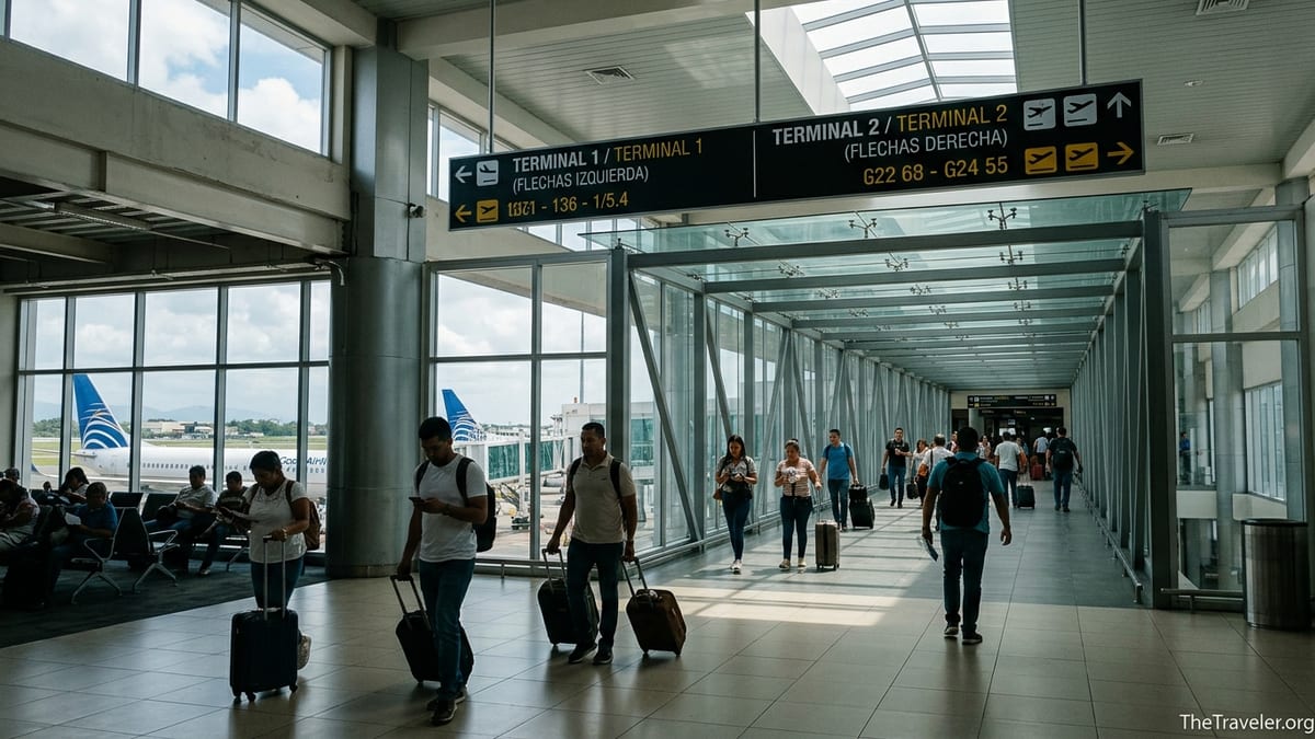 Travelers walking between Terminal 1 and Terminal 2 at Tocumen International Airport with clear overhead signage.