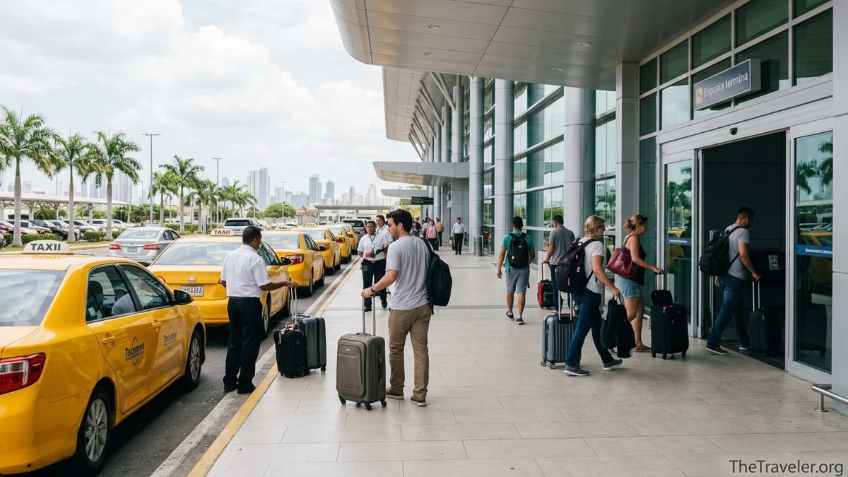 Travelers with luggage choosing taxis and rideshare outside Tocumen International Airport in Panama.
