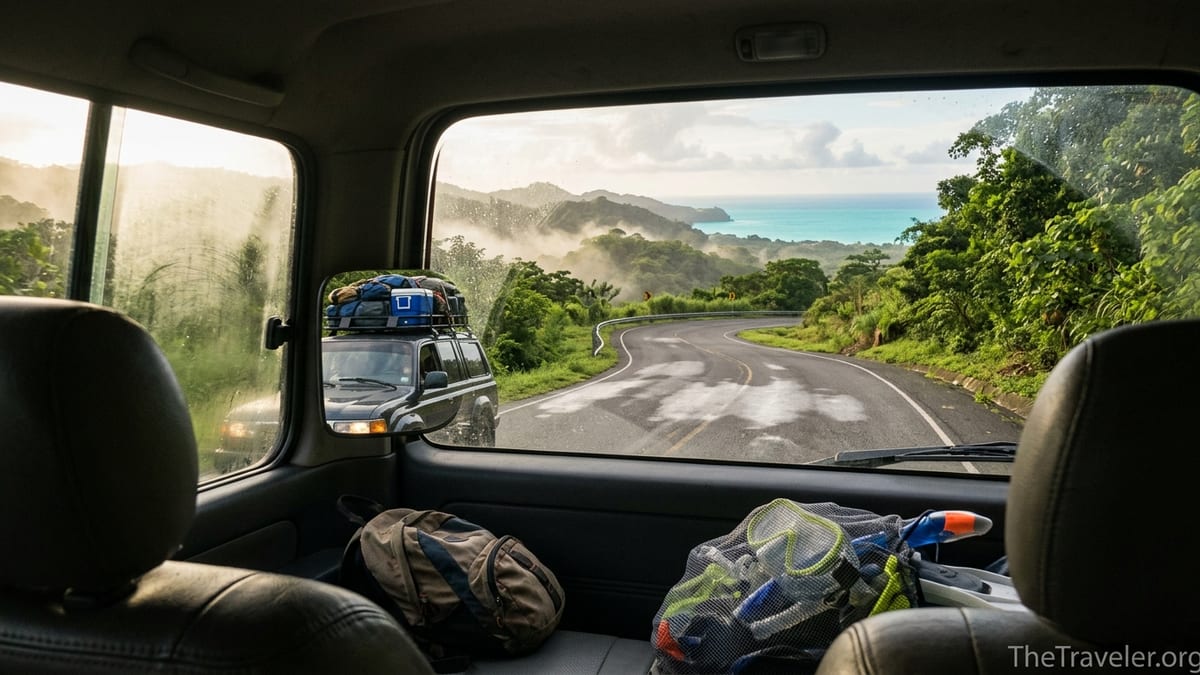 4x4 SUV driving at sunrise on the mountain road from Panama City to San Blas.